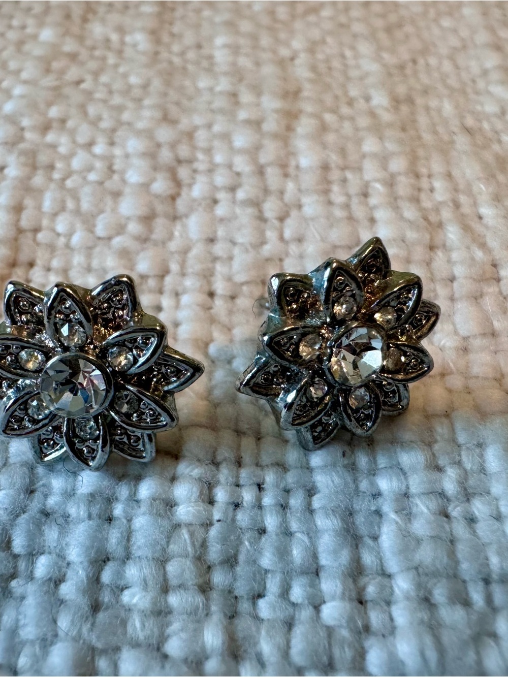 Crystal Flower Stud Earrings - Silver Tone